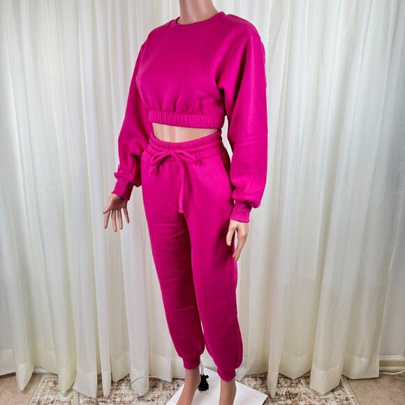 Zenana 2 Pcs Crop Sweatshirt Tracksuit High Waist Jogger Set Active Hot Pink - Picture 4 of 13